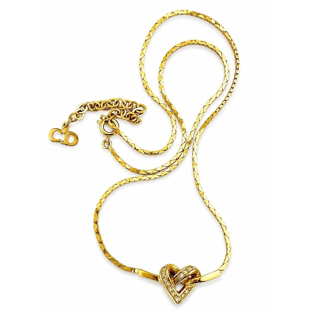 Christian Dior Vintage Rhinestone Heart Necklace Gold Tone CD Logo Designer